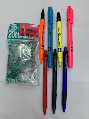 Pentel Ball Pen , Refillable Correction Tape & Twin Highlighter